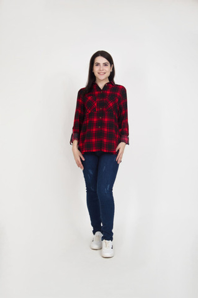 Блузка-рубашка из хлопка в красную клетку, размер 46
