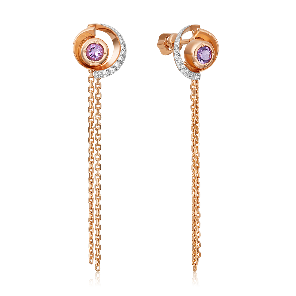 Серьги-пусеты «Парад планет» из красного золота с аметистом и натуральными топазами white