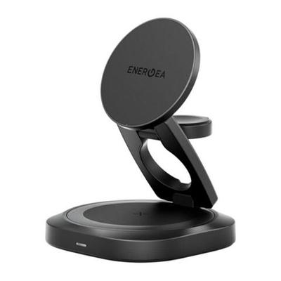 Складная зарядная станция MagSafe Energea AluMag Gyro для iPhone, Apple Watch и AirPods (Qi2.2) Беспроводная зарядка: Qi 25 Вт, Qi 5 Вт, магнитное крепление для быстрой зарядки Apple Watch (Qi 5 Вт). Проводная зарядка: нет. Сертификация Qi2. Есть LED-инди