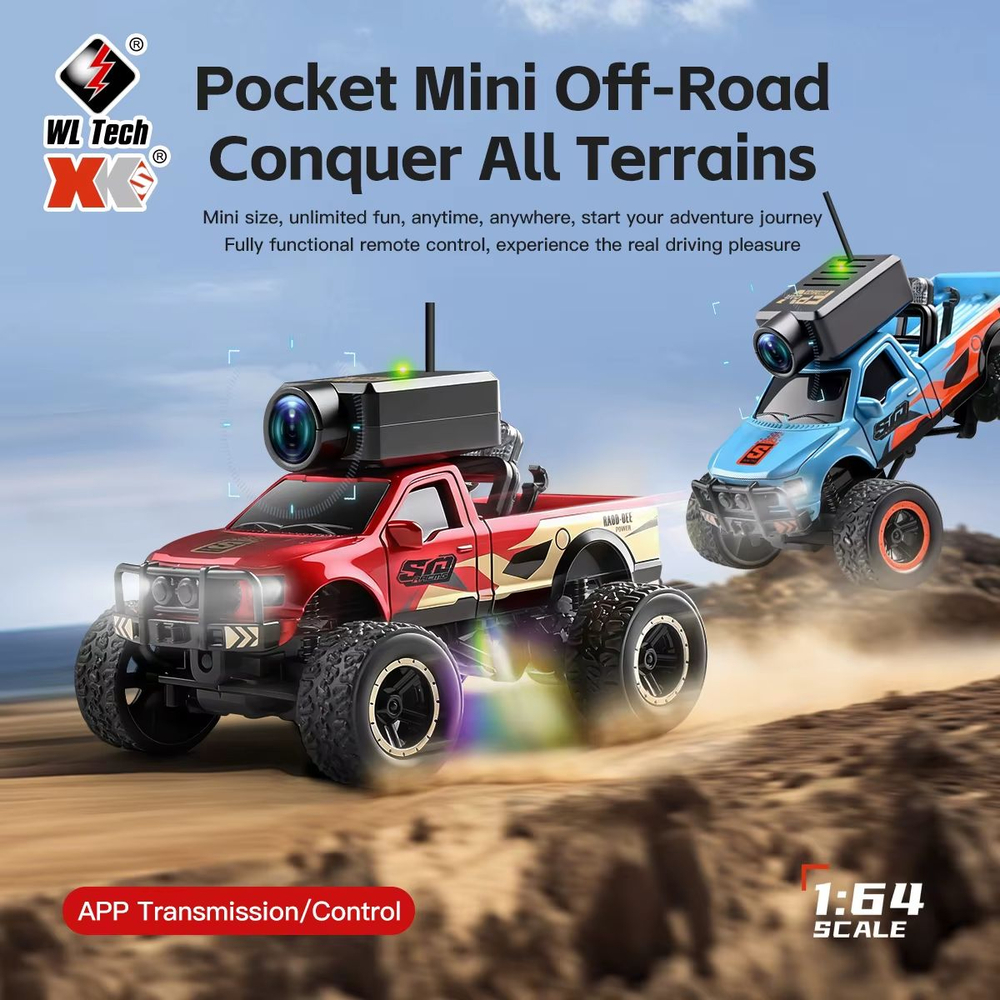Радиоуправляемый монстр WLtoys 1/64 RC Cars 6407 камера+дисплей , версия с гироскопом цвет красный