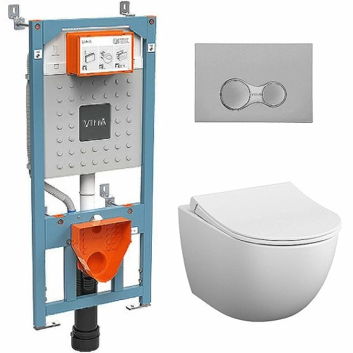 Унитаз подвесной Vitra Sento 9830B003-7207 безободковый, c инсталляцией, с крышкой микролифт, кнопка хром матовый