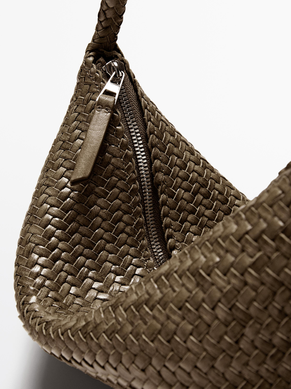 Massimo Dutti Маленькая плетеная кожаная сумка через плечо, хаки