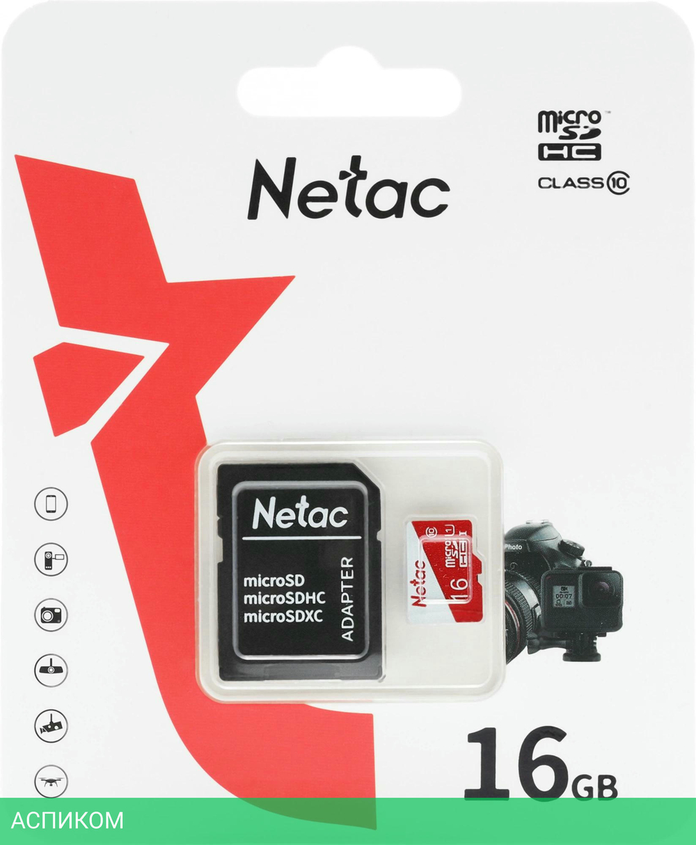 Карта памяти Netac P500 ECO microSDHC 16GB с адаптером (NT02P500ECO-016G-R)