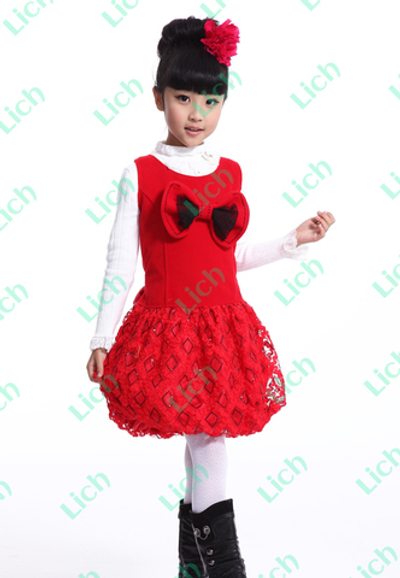 Платье детское с кружевной юбкой и двухцветным бантом