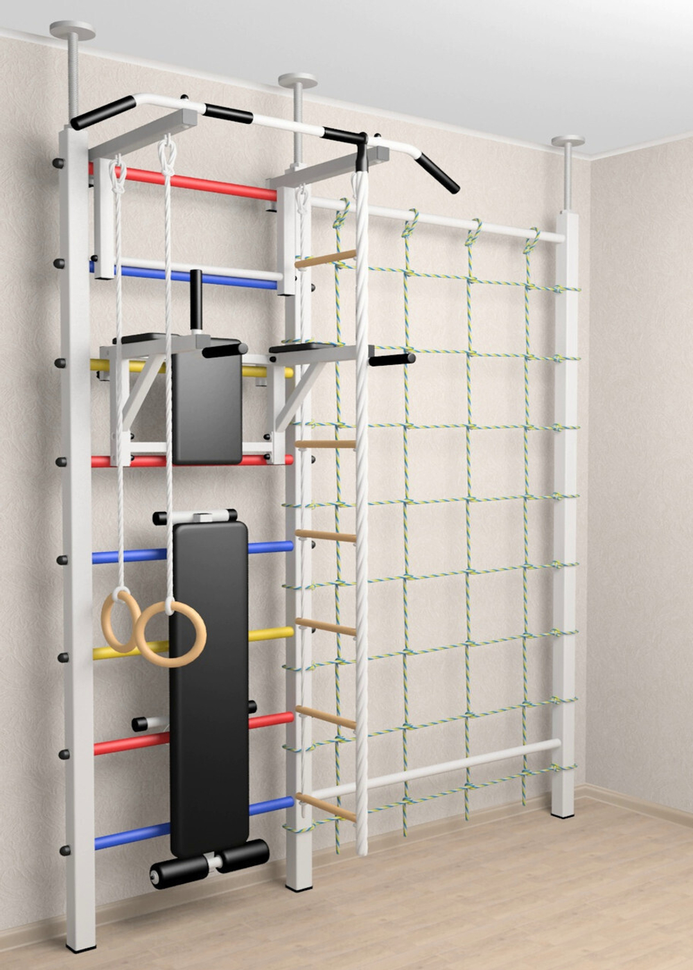 Шведская стенка Sv Sport враспор (Турник стандарт/Брусья/Скамья/Канат/Kольца/Лестница/Канатный лаз/Сетка)