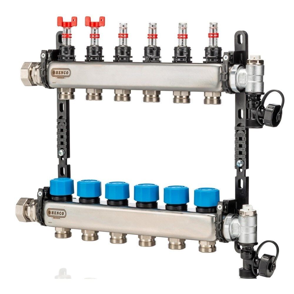 Коллектор HENCO из нержавеющей стали, регулируемый расходомер, воздухоотводчик, дренаж и клапан заполнения, 1” - 3 x 3/4”