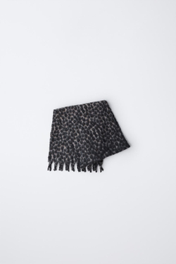 ZARA ШАРФ С АНИМАЛИСТИЧЕСКИМ ПРИНТОМ И БАХРОМОЙ, СЕРЫЙ МЕЛАНЖ