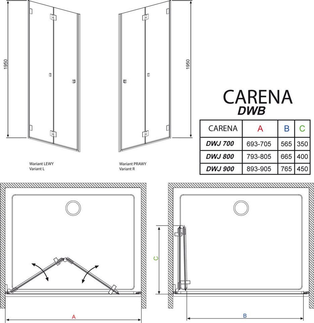 Душевая дверь Radaway Carena DWB 80R 80x195 см. правая, крепится справа, профиль хром, стекло прозрачное 34512-01-08NR схема