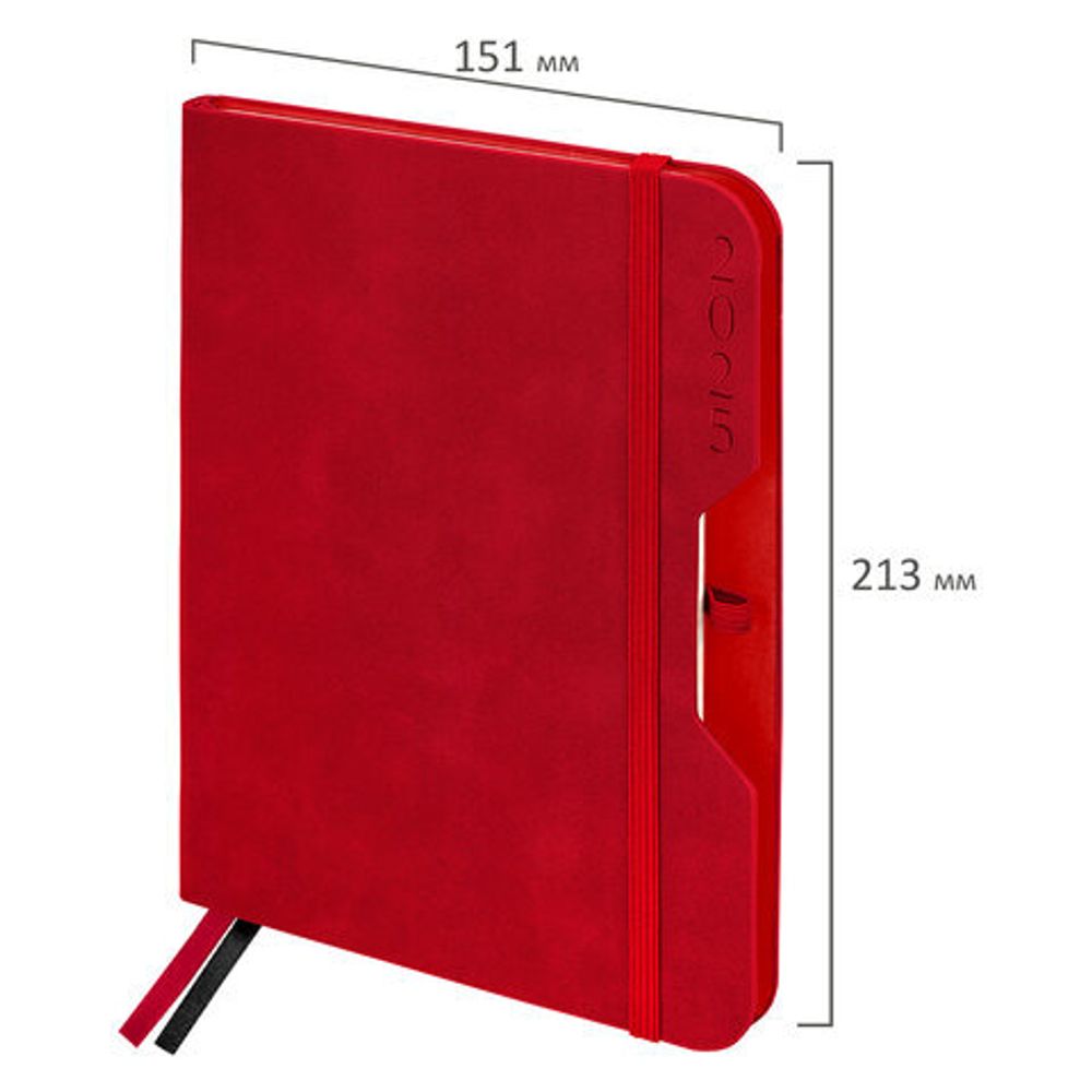 Ежедневник датированный 2025, А5, 151х213 мм, BRAUBERG "Note", под кожу, держатель для ручки, резинка-фиксатор, красный, 115932