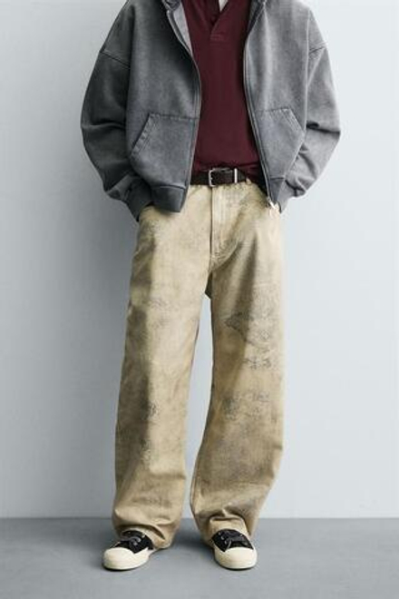 ZARA БРЮКИ BAGGY FIT С ПРИНТОМ И ЭФФЕКТОМ ПОТЕРТОСТИ, С ПРИНТОМ