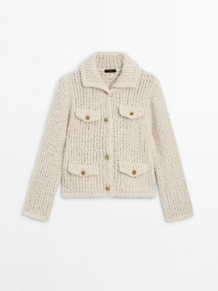 Massimo Dutti Кардиган с карманами, натуральный, кремовый