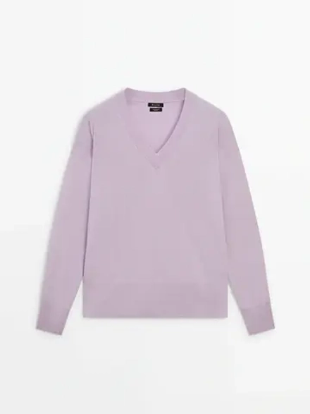 Massimo Dutti Свитер из 100% кашемира с V-образным вырезом, сиреневый