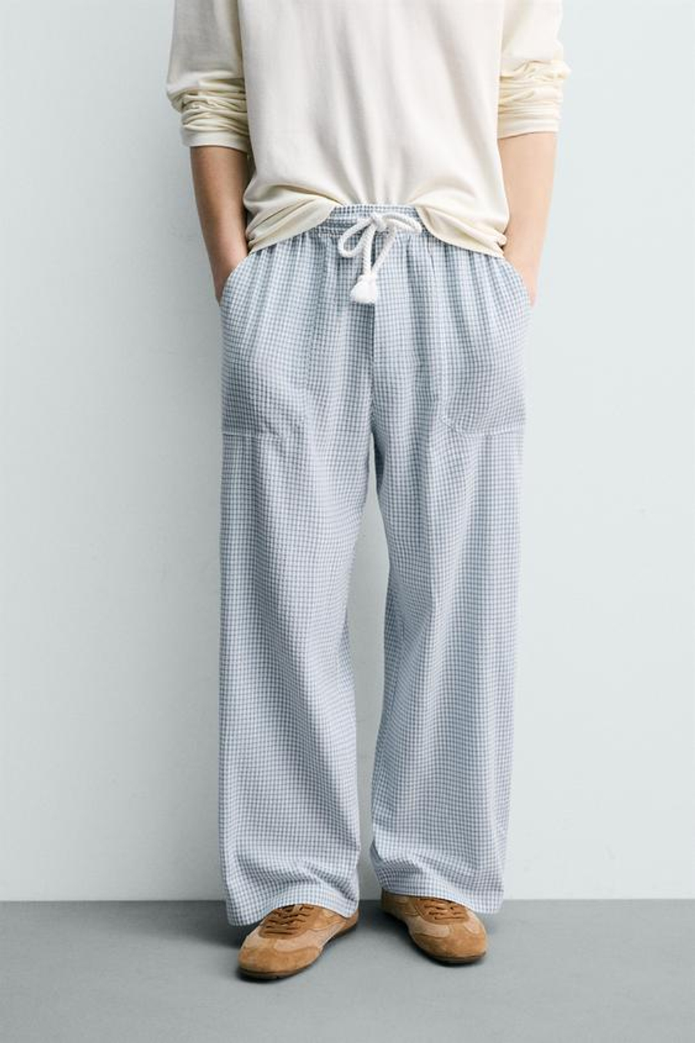 ZARA БРЮКИ RELAXED FIT В КЛЕТКУ, НЕБЕСНО-ГОЛУБОЙ