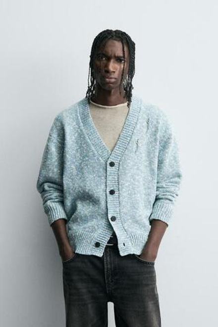 ZARA КАРДИГАН С АЖУРНЫМ УЗОРОМ, ГОЛУБОЙ