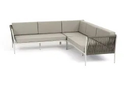 "Касабланка" диван модульный плетеный из роупа, каркас алюминий, роуп серо-коричневый 23мм, ткань бежевая 15052