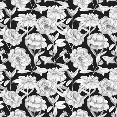 Ботанический бесшовный узор. Цветы калибрахоа на черном фоне.