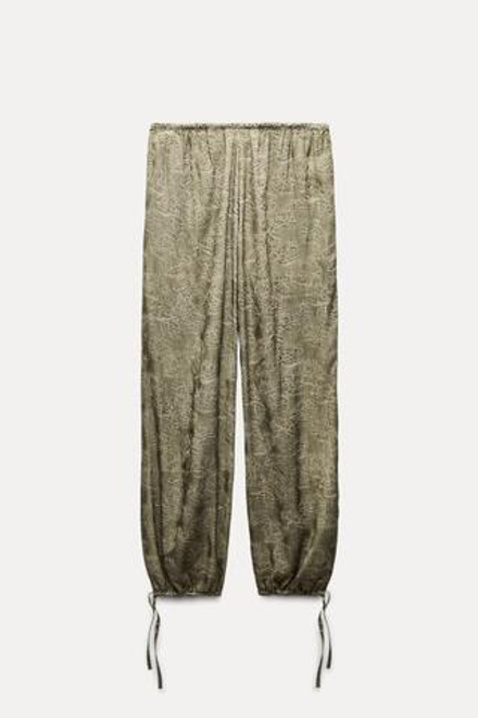 ZARA ЖАККАРДОВЫЕ БРЮКИ С ЗАВЯЗКАМИ - ZW COLLECTION, ХАКИ