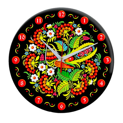 Черные настенные часы Хохлома луговые цветы