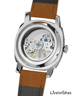 Часы наручные механические скелетоны FORSINING на кожаном ремешке, серебристый/коричневый W8980-01