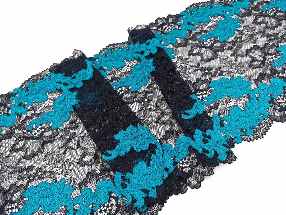Эластичное кружево, 24см, черное и яркая бирюза, (Арт: EK-2612), м