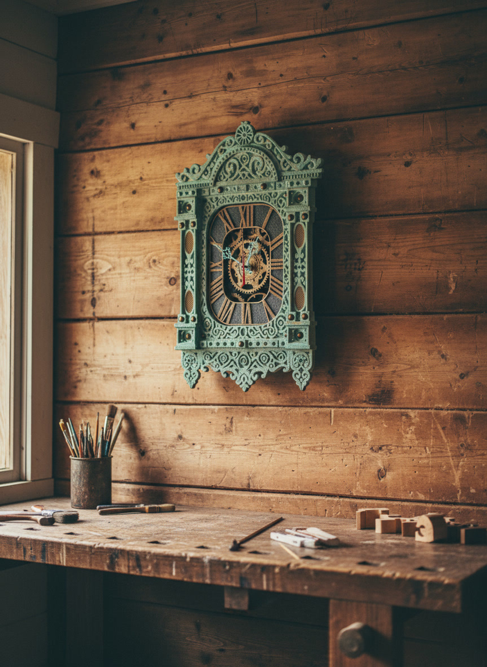 Мятные резные часы-наличник WOODandROOT на стене мастерской, мягкое боковое освещение подчёркивает узоры и слоистую текстуру окраски.