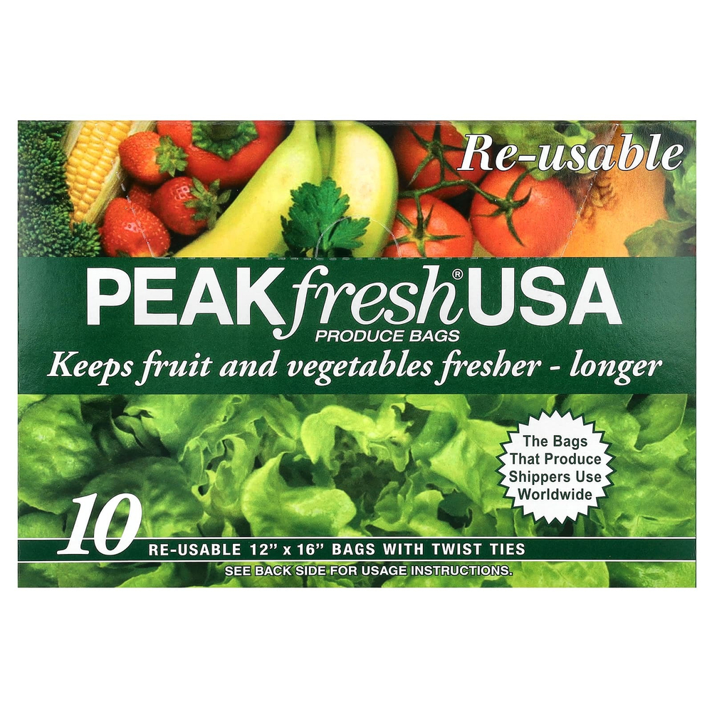 PEAKfresh USA, многоразовые пакеты с затяжками для хранения продуктов, 10 шт.