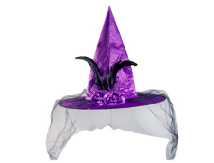 Шляпа ведьмы, перо, вуаль, фиолетовый, 42 см, 1 шт.
