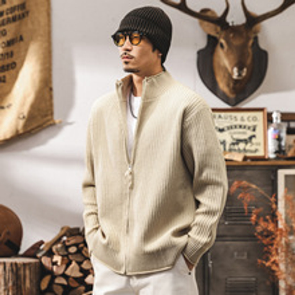 Американский ретро кардиган плотная вязка,для мужчин весной и осенью, новый стиль, трикотажная куртка с воротником-стойкой для мужчин осенью и зимой