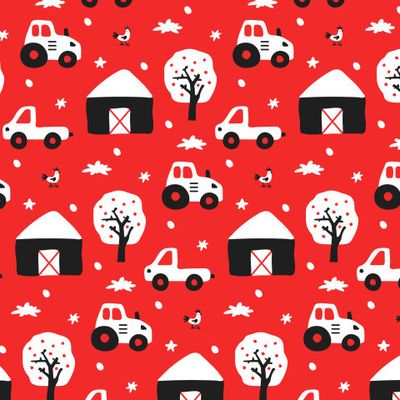 Buy kids farm fabric hand drawn cars tractor red