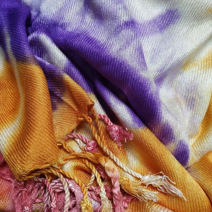 Палантин Хлопок Батик сиреневый желтый розовые кисти 70х190см.