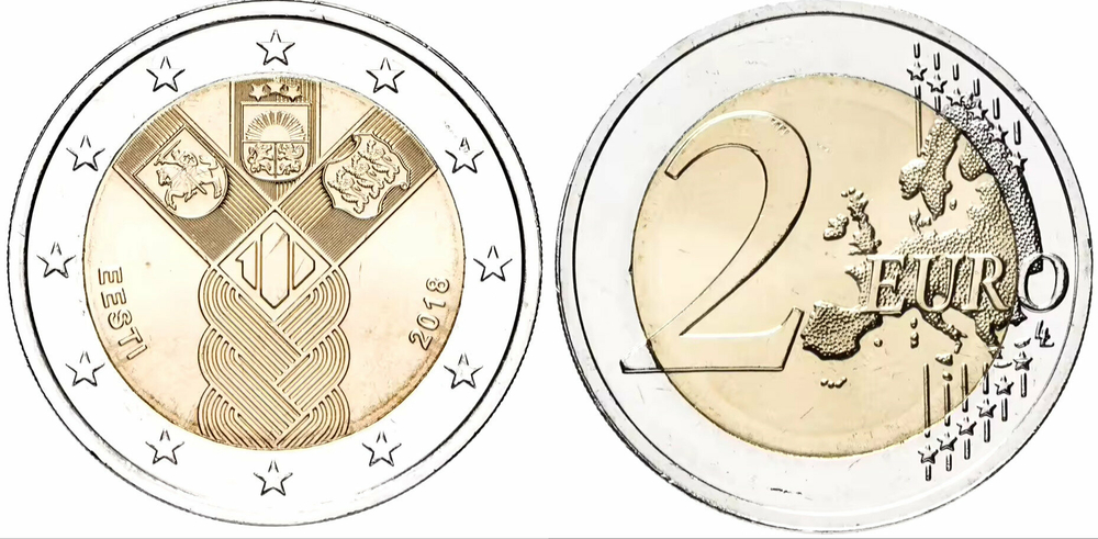 Эстония 2 евро, 2018 100 лет государствам Балтики UNC