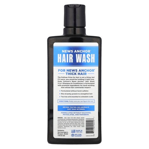 Duke Cannon Supply Co., News Anchor® Hair Wash, шампунь и кондиционер 2 в 1, Naval Diplomacy, бергамот и водный мускус, 414 мл (14 жидк. Унций)