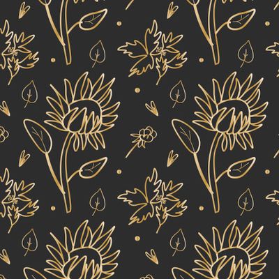 Бесшовный паттерн с золотыми цветами на чёрном