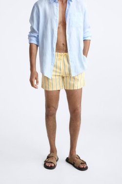 ZARA ПЛАВКИ КЛАССИЧЕСКОГО КРОЯ В ПОЛОСКУ, ПАСТЕЛЬНО-ЖЕЛТЫЙ
