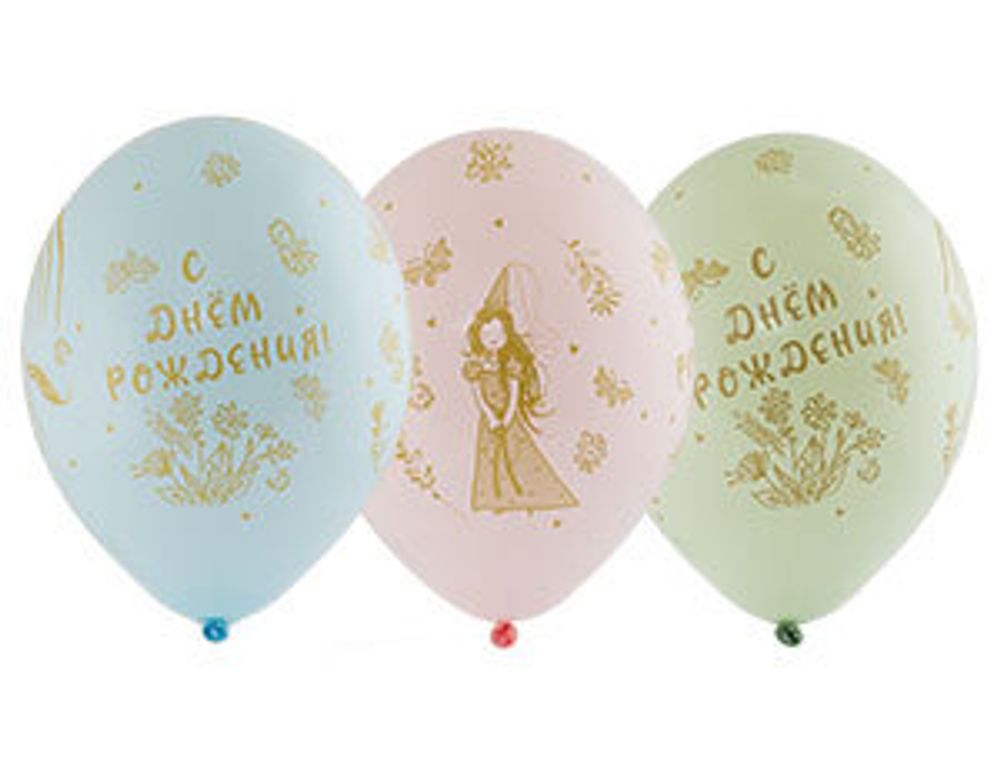 Шар (14"/36 см) Шелкография пастель ДР Принцес Единорог 25 шт.