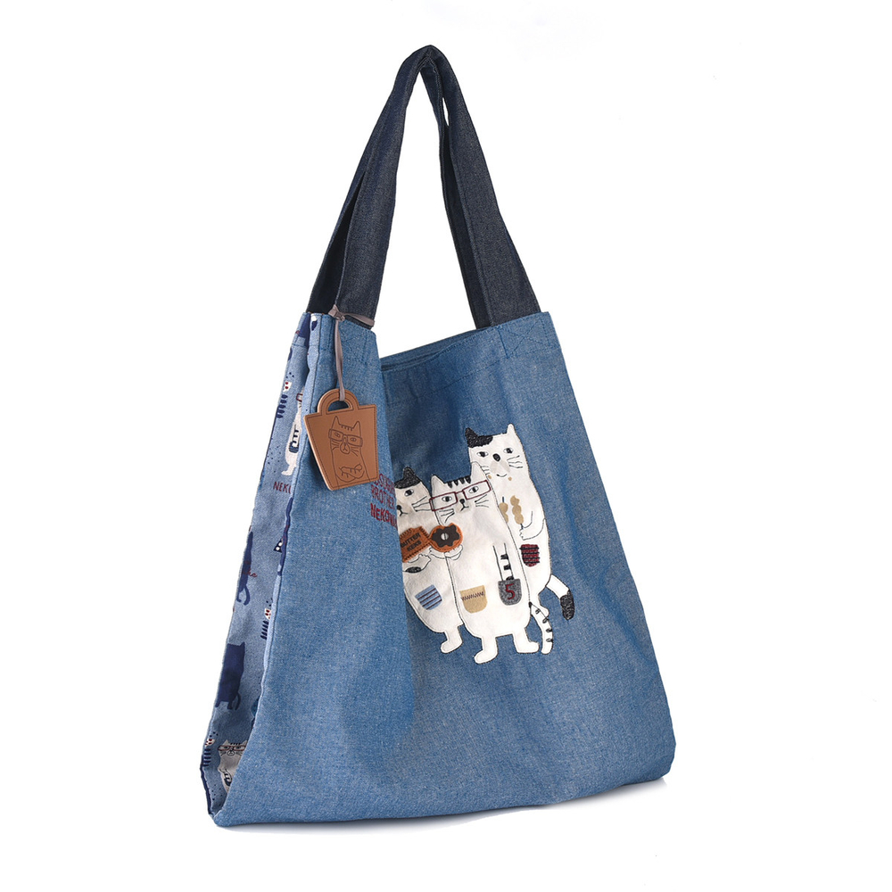 Сумка-шоппер большая с 2 отсеками на кнопке-магните, "NEKOMARUKE", синий, 23-6520-3, KUSUGURU