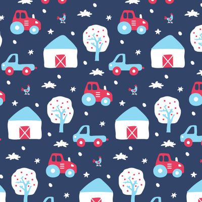 Buy kids farm fabric hand drawn cars tractor dark blue