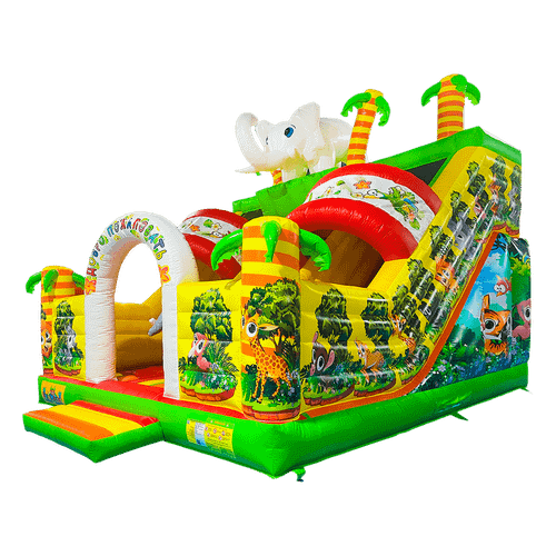 Надувной батут "Слоник в джунглях с двумя горками с переходом" 6*5*5.5 м