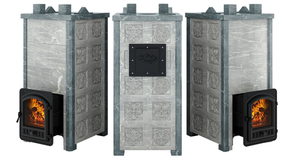 Печь Эверест "Легкий пар Профи" каменка из чугуна, Талькохлорит, S-50 мм, Резная (3 стороны)