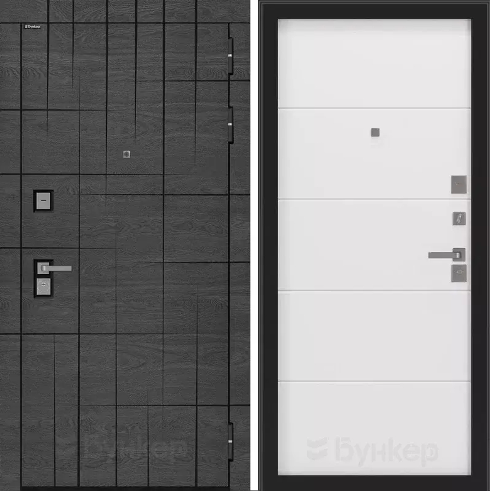 Входная металлическая дверь с зеркалом Бункер BN-09 Дуб майдера горизонт с черной патиной/ ФЛ- 649 белый софт (белый матовый, без текстуры)