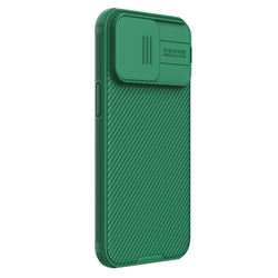 Чехол зеленого цвета (Deep Green) с защитной шторкой для камеры от Nillkin на iPhone 15 Pro, серия CamShield Pro Case