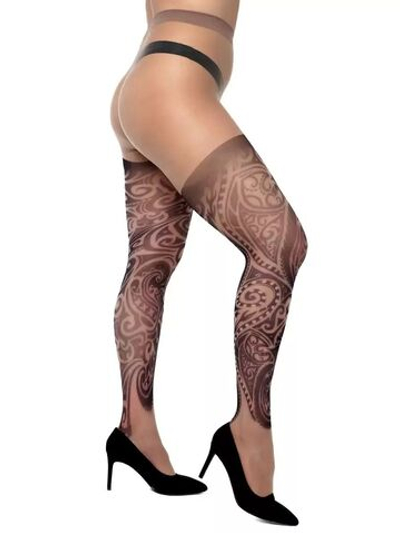 Колготки +size с имитацией татуировки с завитками (Размер: XL-XXL-XXXL) (Цвет: бежевый)