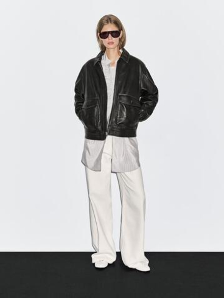 Massimo Dutti Куртка из кожи наппа с воротником из овчины, черный