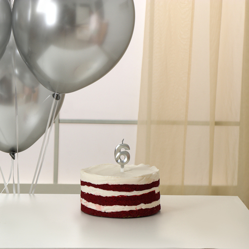 Свеча для торта цифра серебряная 6 + воздушные шары, 5шт