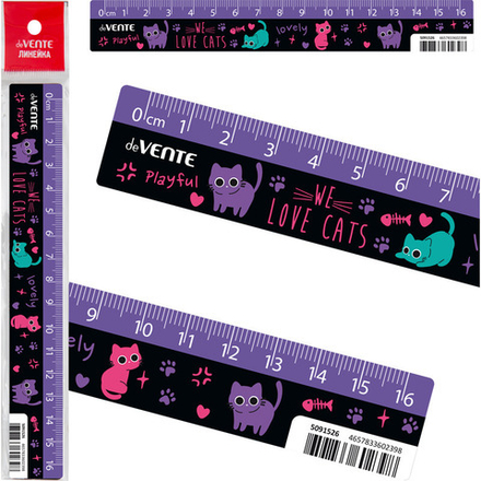 Линейка 16 см пластик. Funny Cats, с цветным стикером