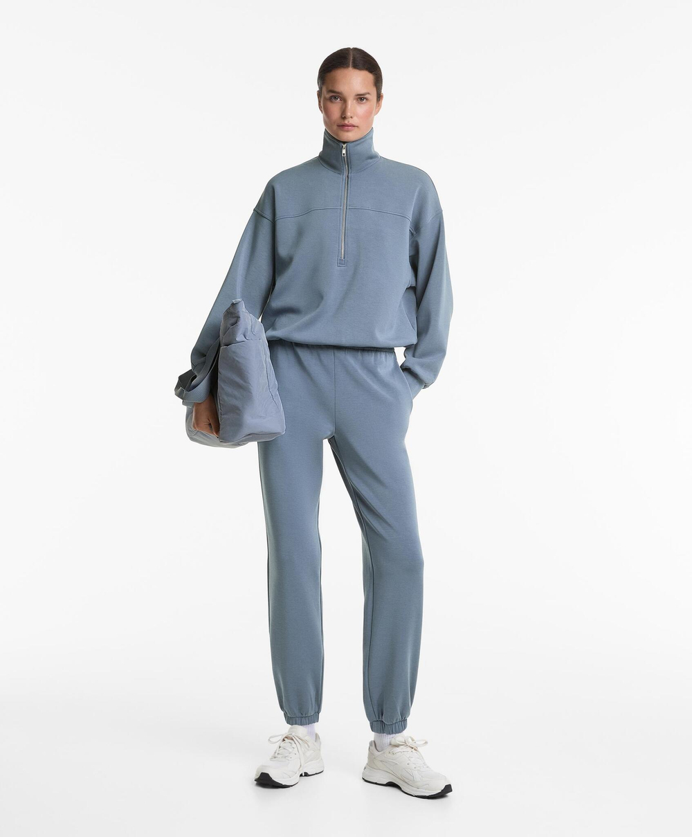 Oysho Толстовка с застежкой-молнией на половину длины с начесом из модала, стальной синий