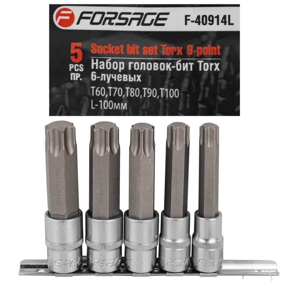 Набор головок-бит Torx 6-лучевых, 5 пр.(Т60,Т70,Т80,Т90,Т100, L-100мм) 1/2'', на планке Forsage F-40914L