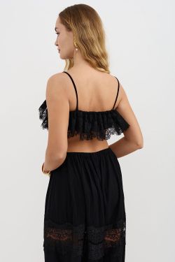 Топ из жатого хлопка черного цвета с кружевом