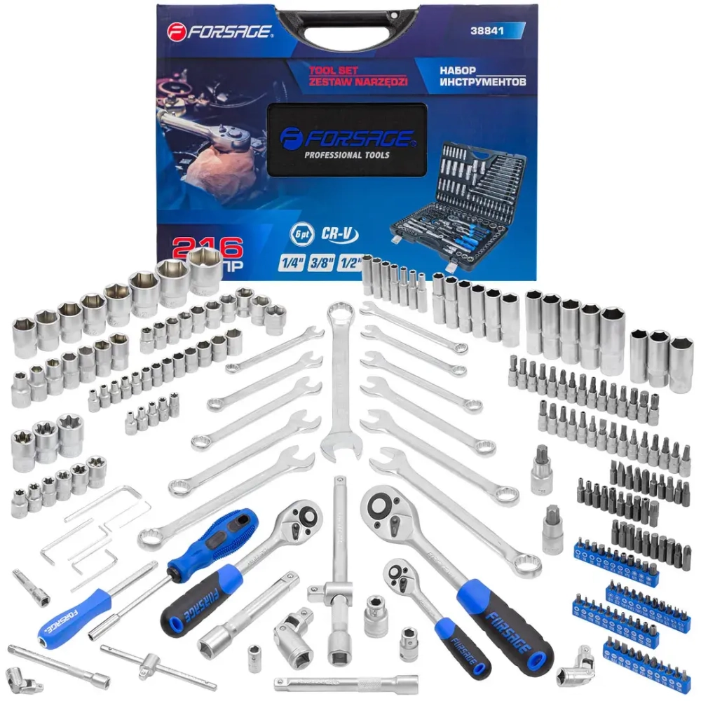 Набор инструментов 216пр. 1/4'', 3/8'', 1/2''(6гр.)(4-32мм)(NEW) Forsage F-38841(38841-5)