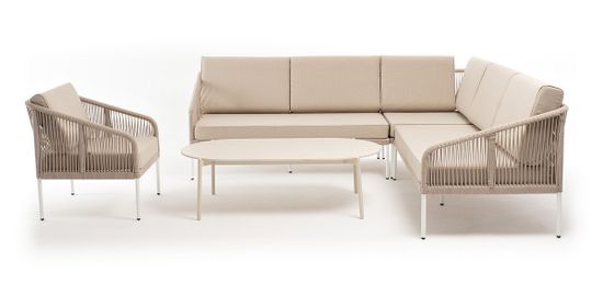 "Канны" модульная угловая лаунж-зона из роупа (веревки) со столом "Диего" (молочный), цвет бежевый